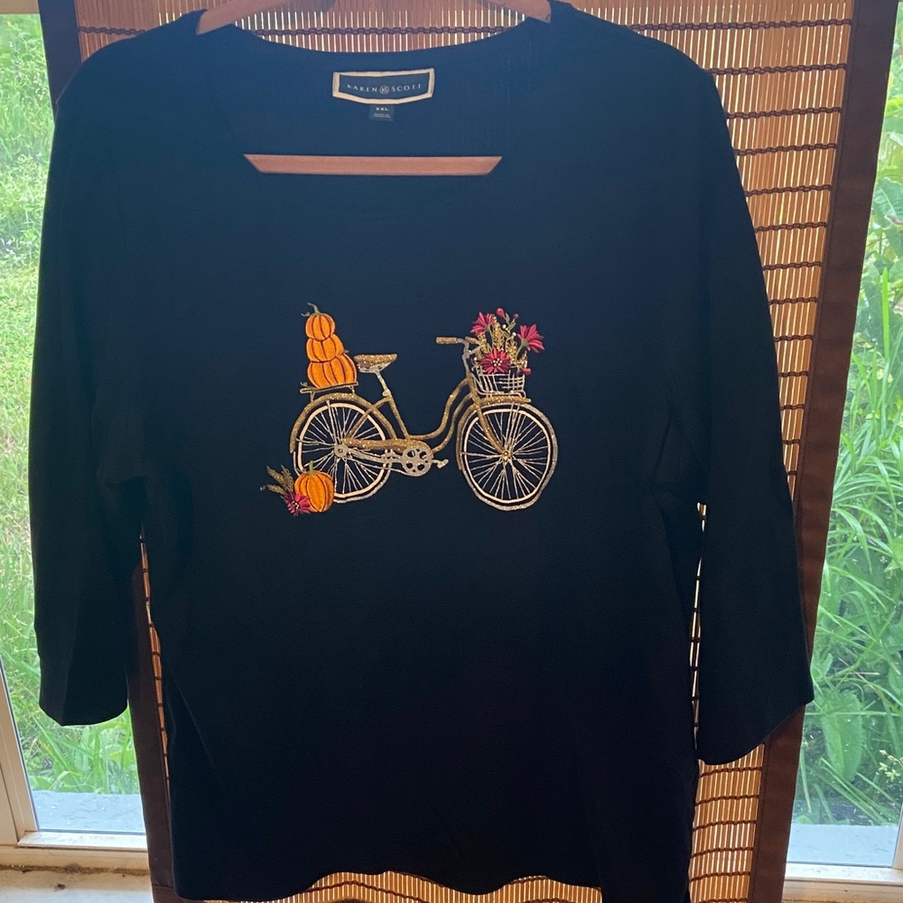 Karen Scott Black Tee with Bicycle and Pumpkin Design
